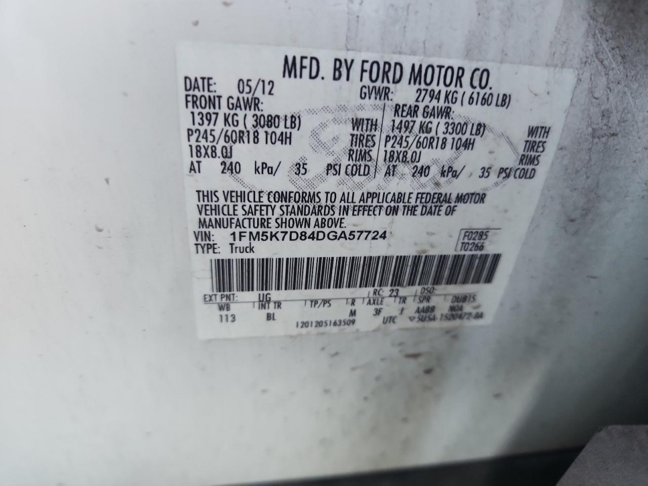 2013 Ford Explorer Xlt VIN: 1FM5K7D84DGA57724 Lot: 85541115