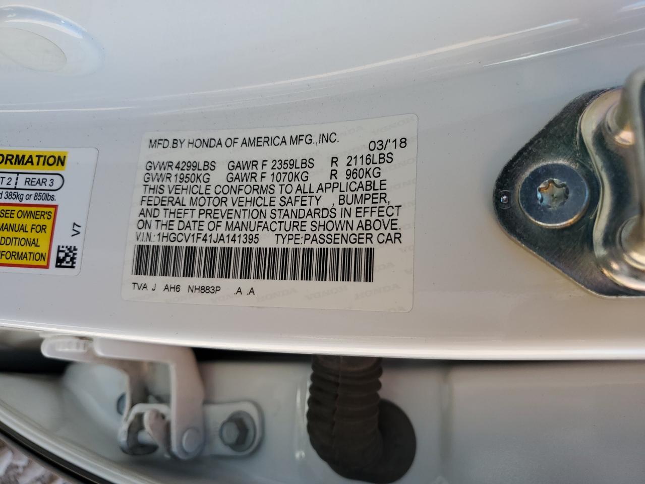 2018 Honda Accord Ex VIN: 1HGCV1F41JA141395 Lot: 85191015