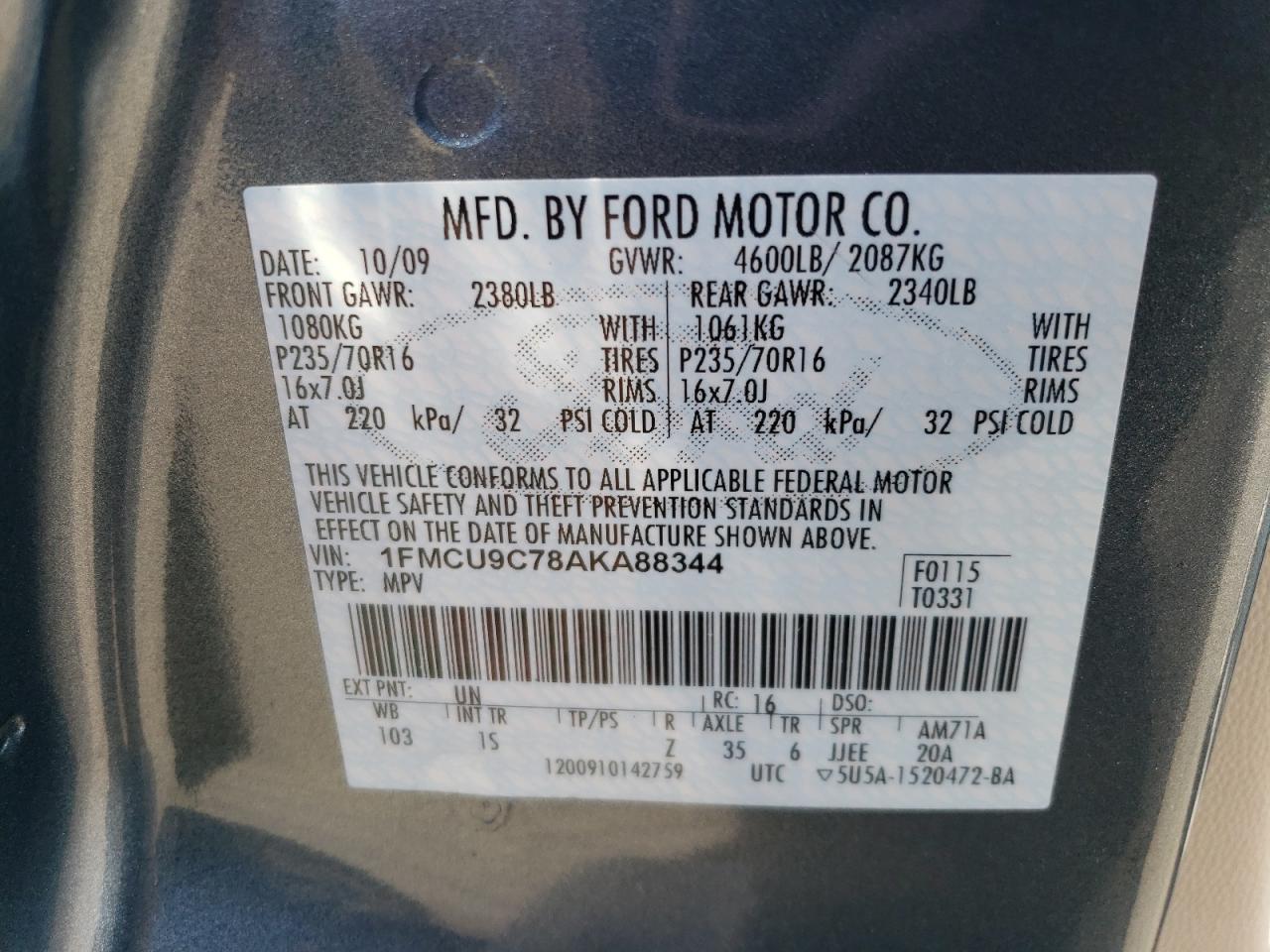 2010 Ford Escape Xls VIN: 1FMCU9C78AKA88344 Lot: 85130475