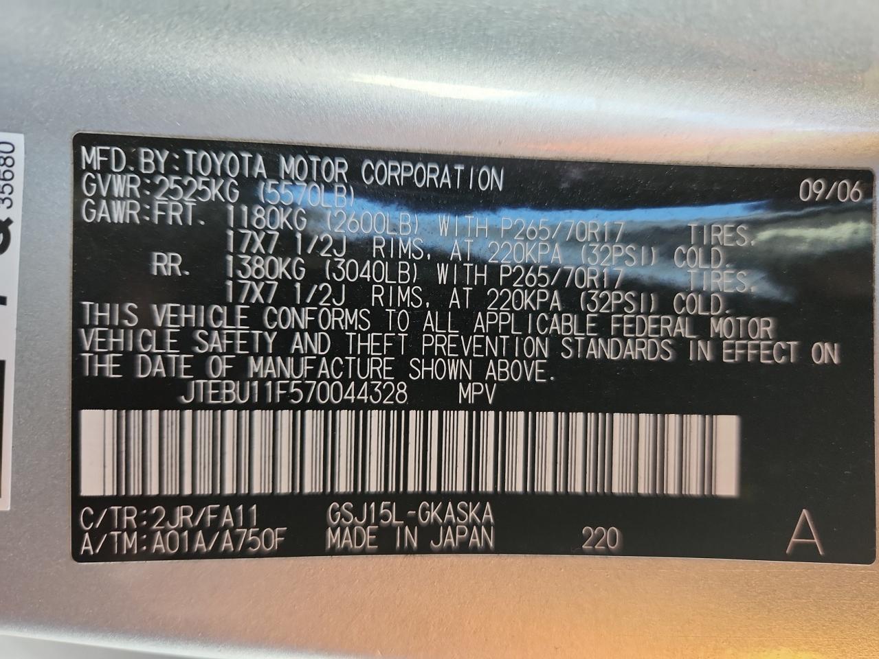 2007 Toyota Fj Cruiser VIN: JTEBU11F570044328 Lot: 86114365