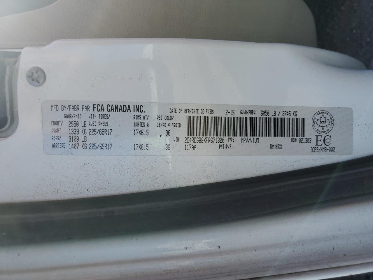 2015 Dodge Grand Caravan Se VIN: 2C4RDGBGXFR671320 Lot: 85150825