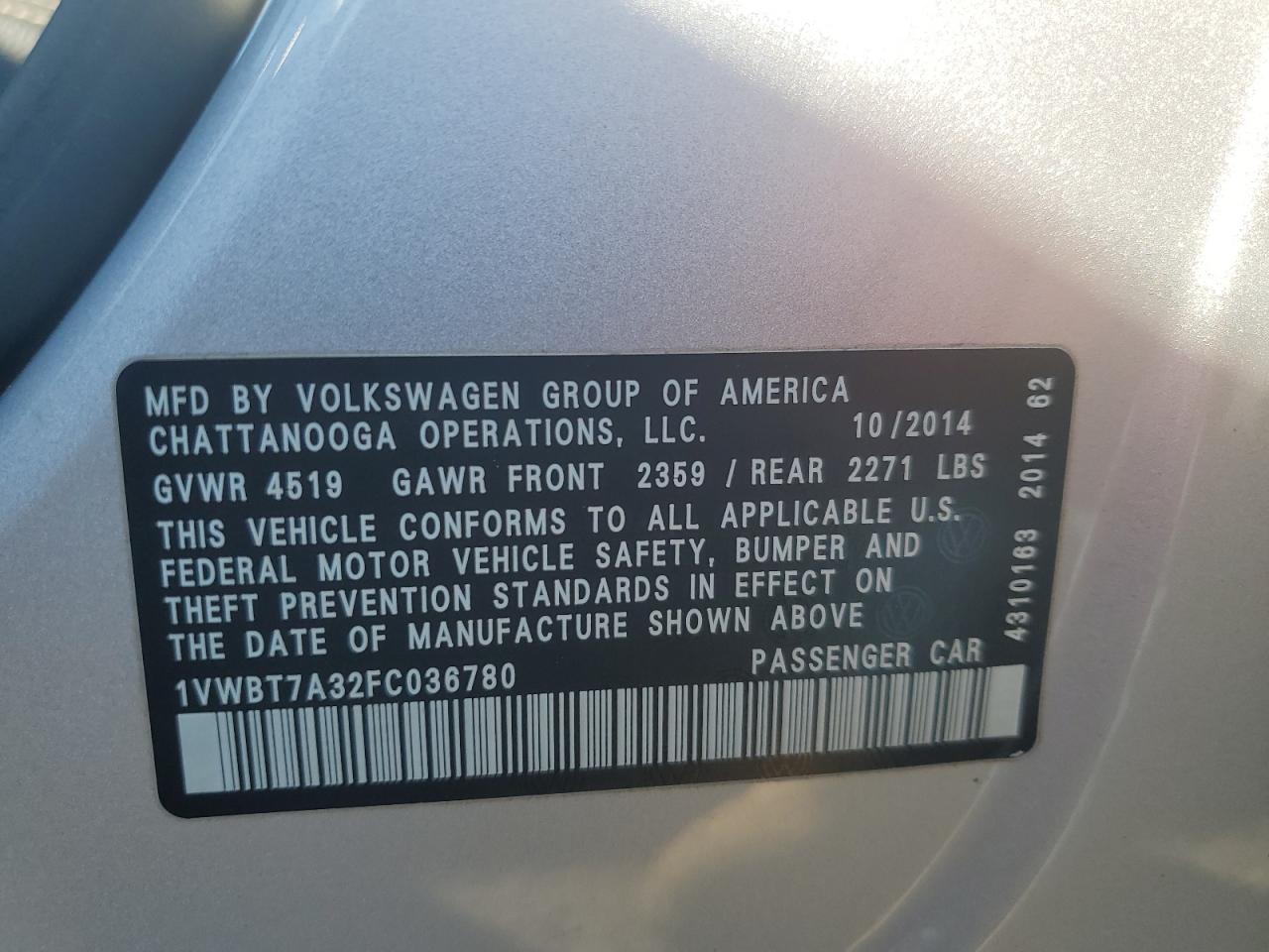 2015 Volkswagen Passat Se VIN: 1VWBT7A32FC036780 Lot: 70653285