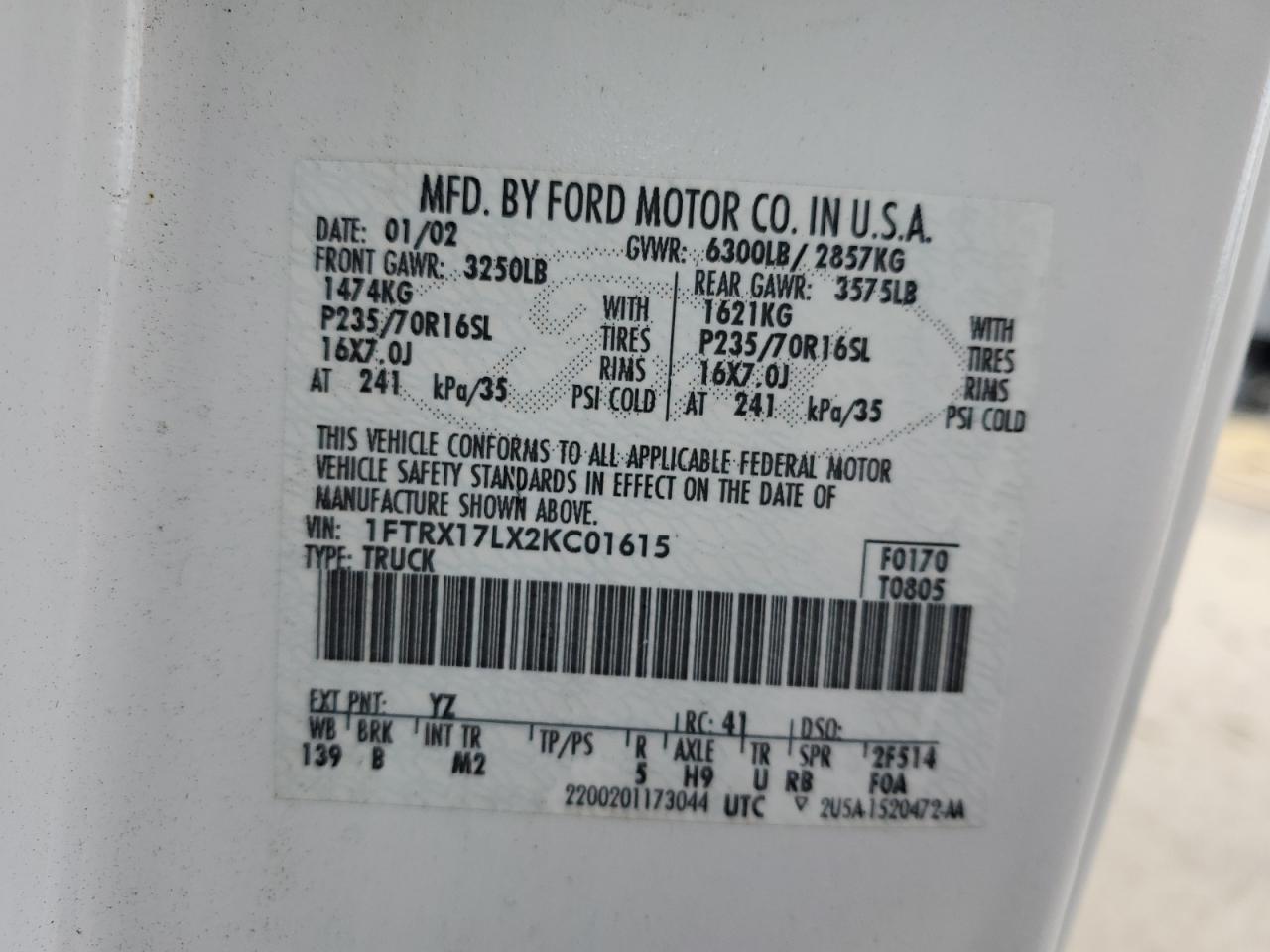 2002 Ford F150 VIN: 1FTRX17LX2KC01615 Lot: 85391495