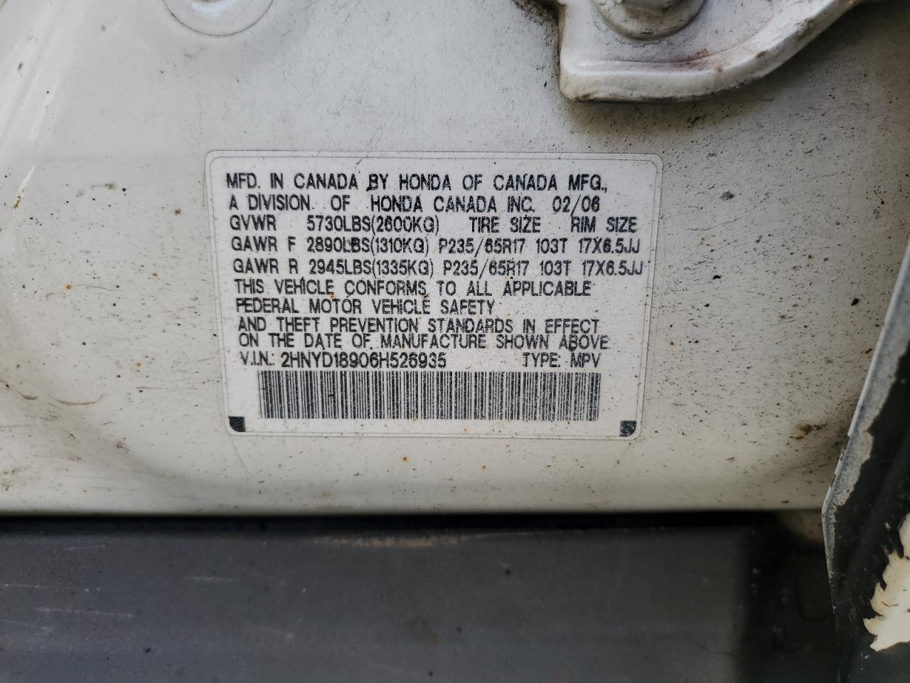 2006 Acura Mdx Touring VIN: 2HNYD18906H526935 Lot: 86539835