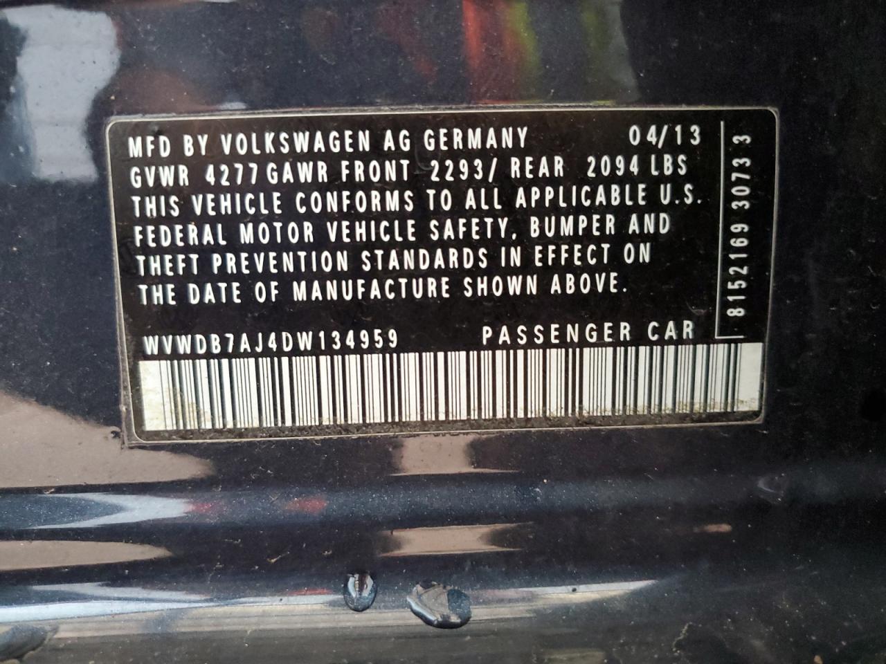 2013 Volkswagen Golf VIN: WVWDB7AJ4DW134959 Lot: 86641895