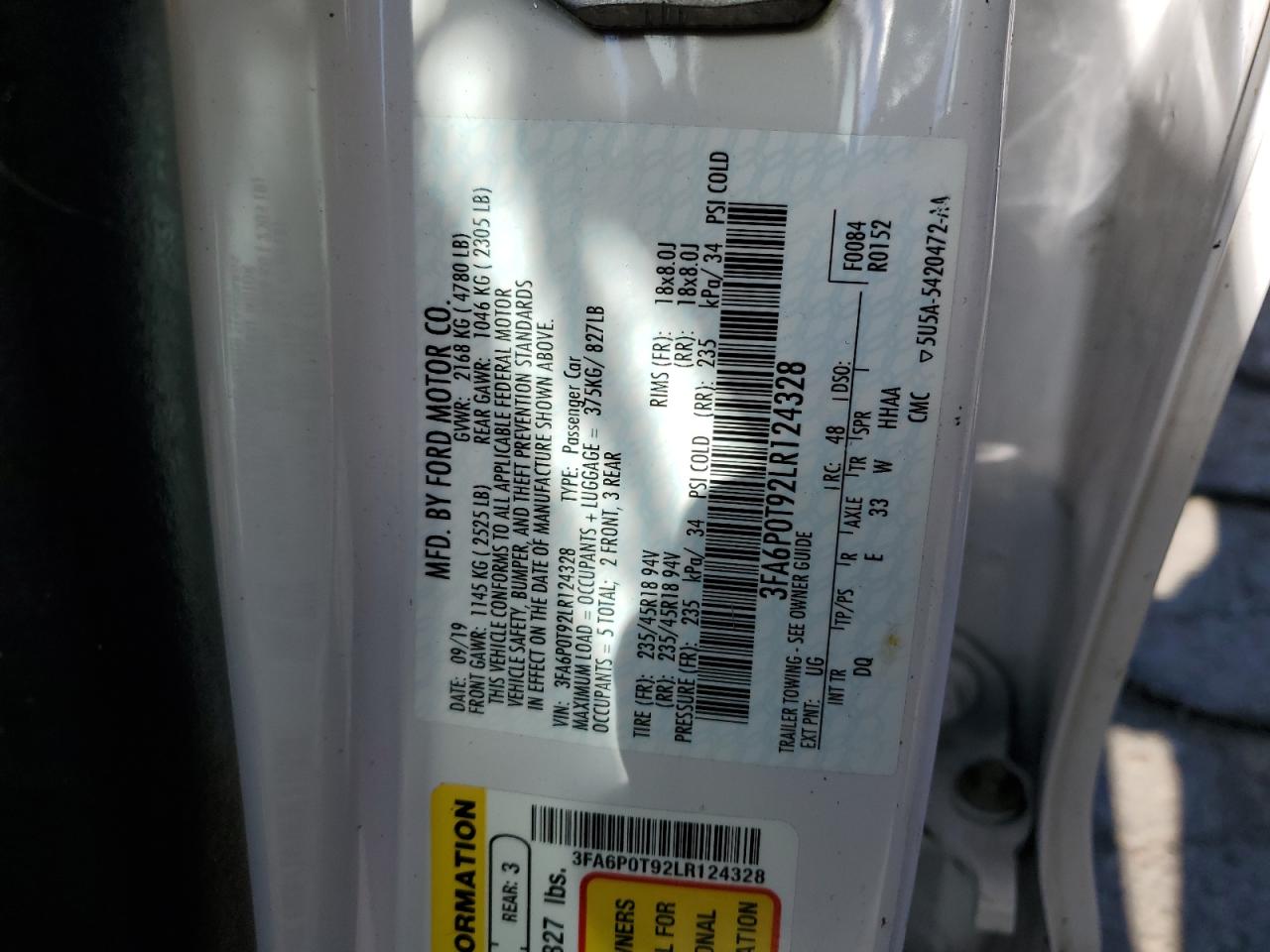 2020 Ford Fusion Se VIN: 3FA6P0T92LR124328 Lot: 90439635