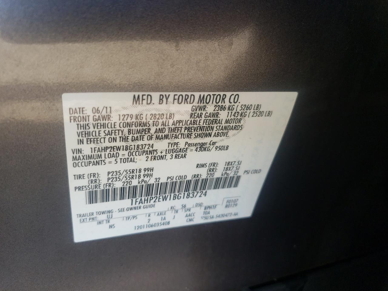 2011 Ford Taurus Sel VIN: 1FAHP2EW1BG183724 Lot: 82627285