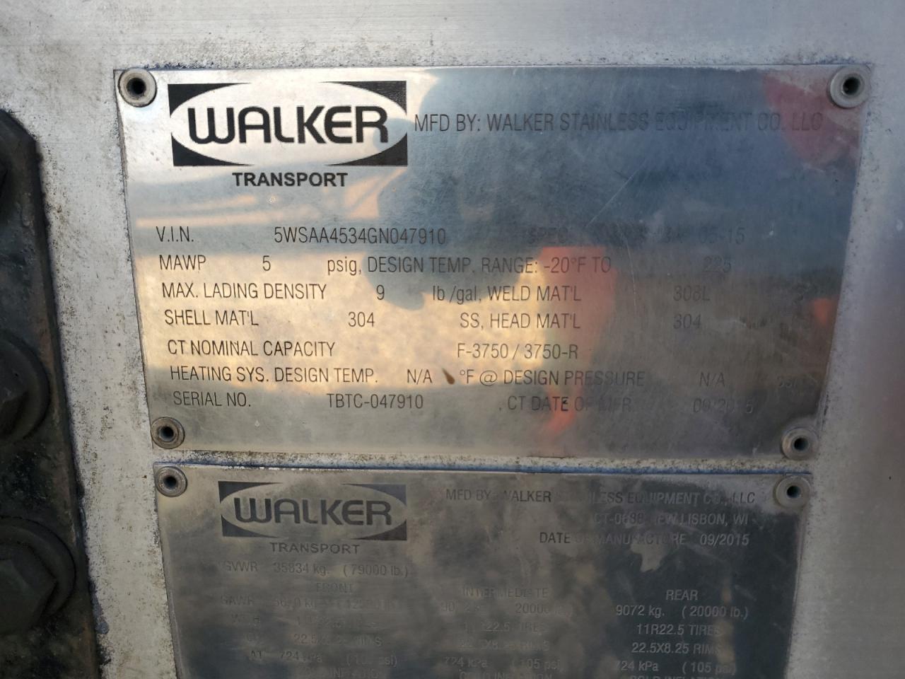 2016 Walker Tank Trailer VIN: 5WSAA4534GN047910 Lot: 69722665