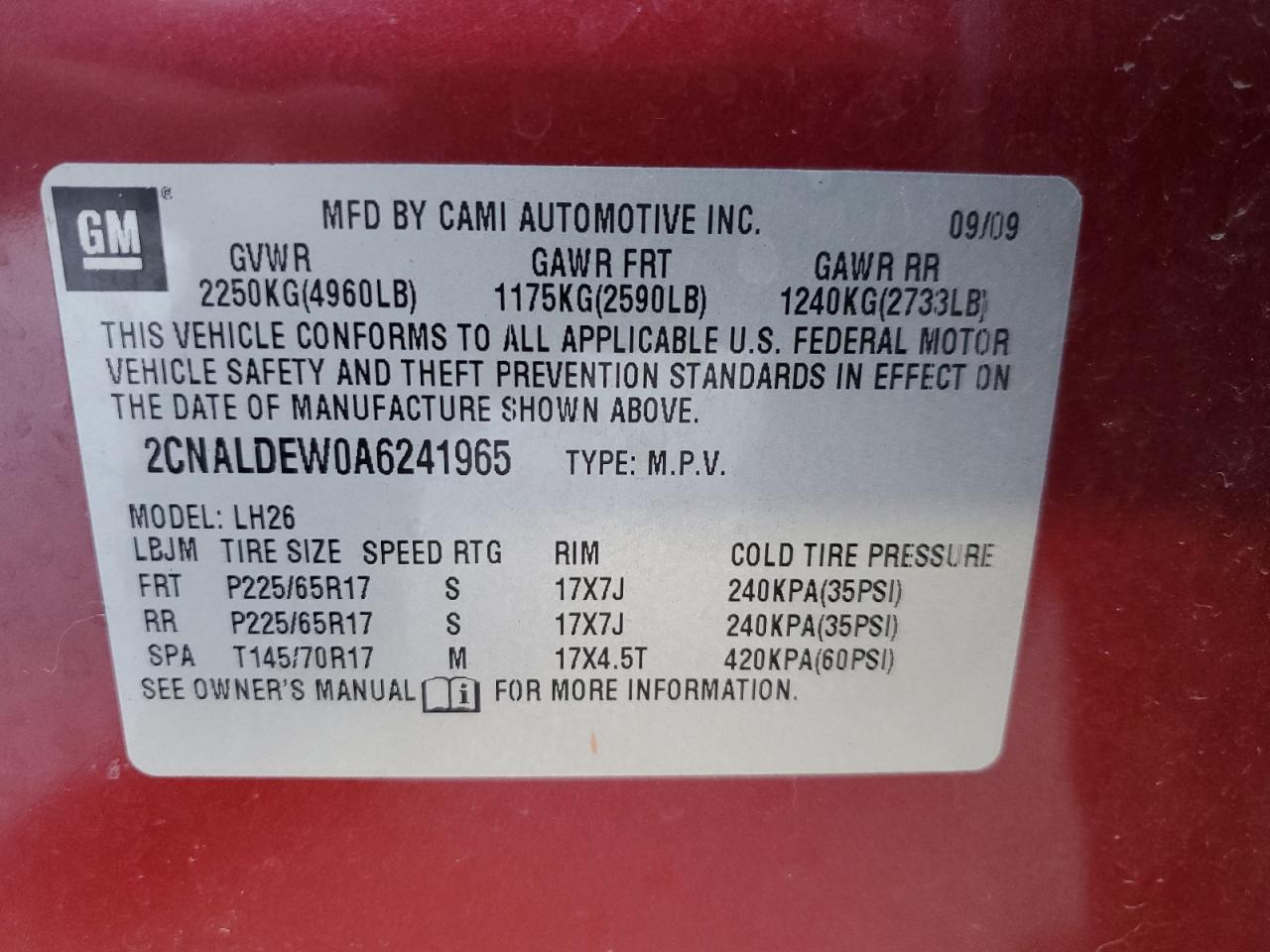 2010 Chevrolet Equinox Lt VIN: 2CNALDEW0A6241965 Lot: 85564125