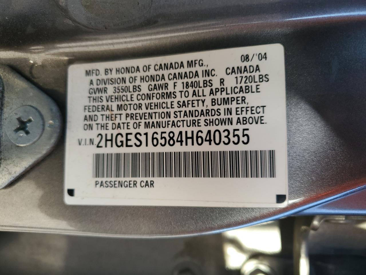 2004 Honda Civic Lx VIN: 2HGES16584H640355 Lot: 84814745