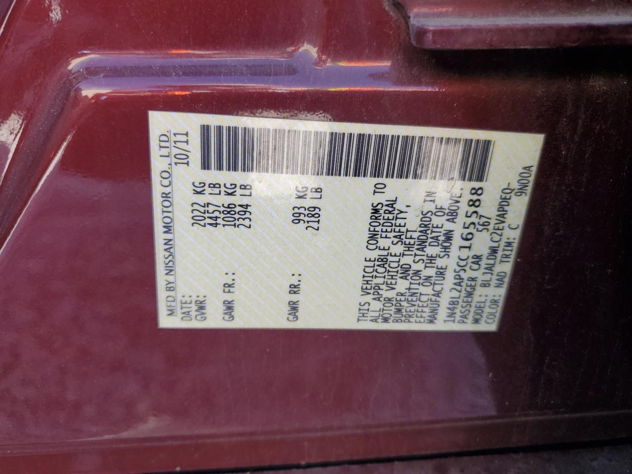 2012 Nissan Altima Sr VIN: 1N4BL2AP5CC165588 Lot: 82232315