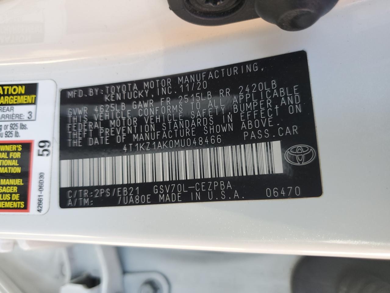 2021 Toyota Camry Trd VIN: 4T1KZ1AK0MU048466 Lot: 89512045