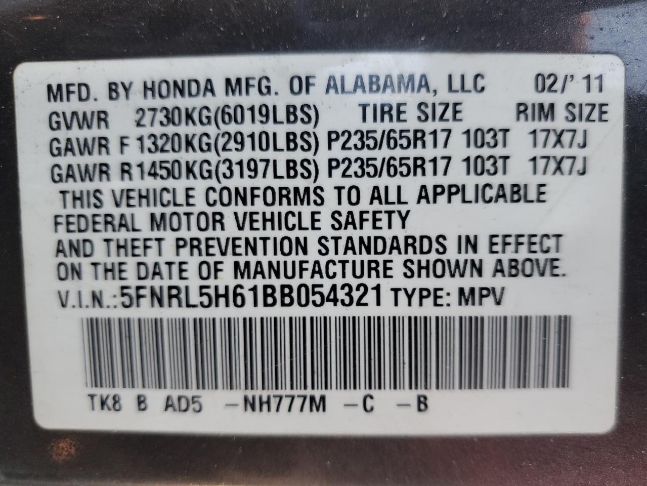 2011 Honda Odyssey Exl VIN: 5FNRL5H61BB054321 Lot: 85760025
