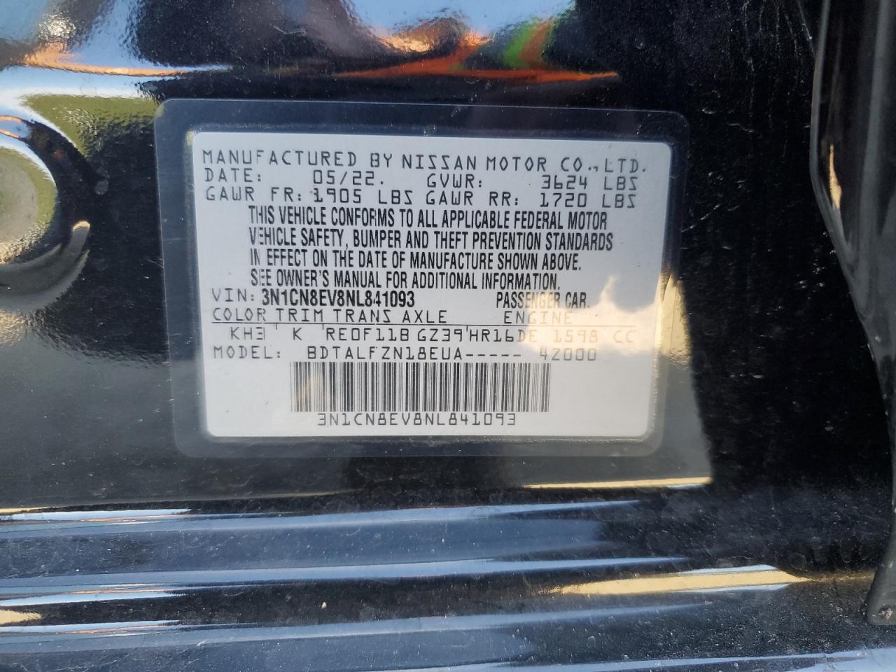 2022 Nissan Versa Sv VIN: 3N1CN8EV8NL841093 Lot: 82410695