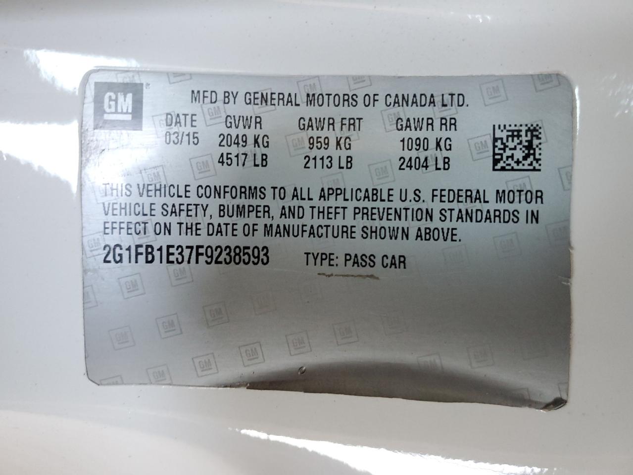 2015 Chevrolet Camaro Ls VIN: 2G1FB1E37F9238593 Lot: 85099595