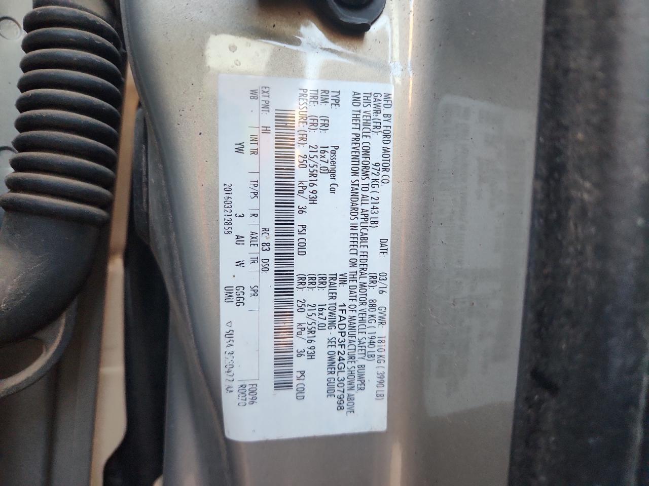 2016 Ford Focus Se VIN: 1FADP3F24GL307998 Lot: 87299685