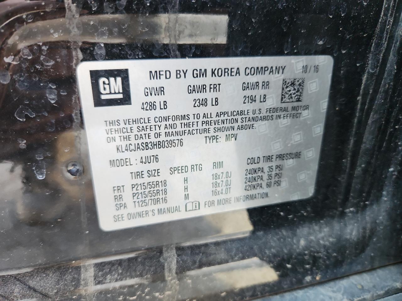 2017 Buick Encore Preferred VIN: KL4CJASB3HB039576 Lot: 87087265