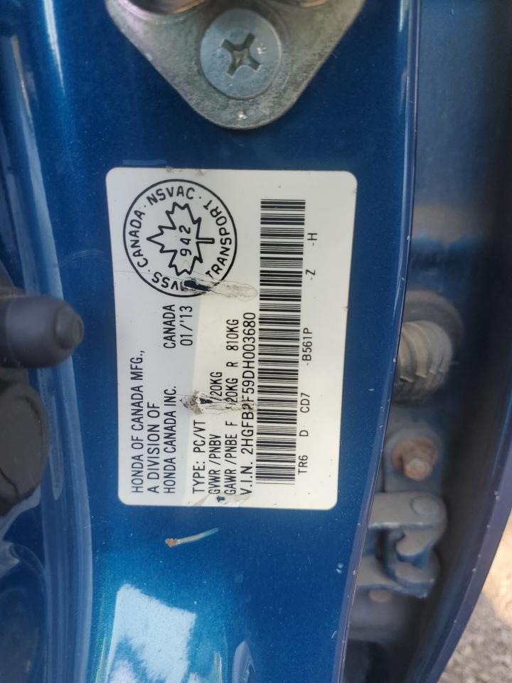 2013 Honda Civic Lx VIN: 2HGFB2F59DH003680 Lot: 85548025