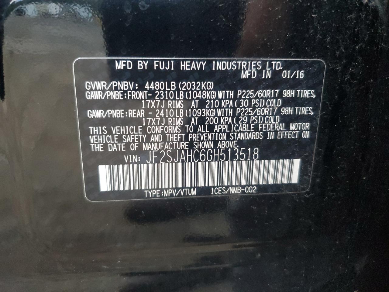 2016 Subaru Forester 2.5I Limited VIN: JF2SJAHC6GH513518 Lot: 84835275