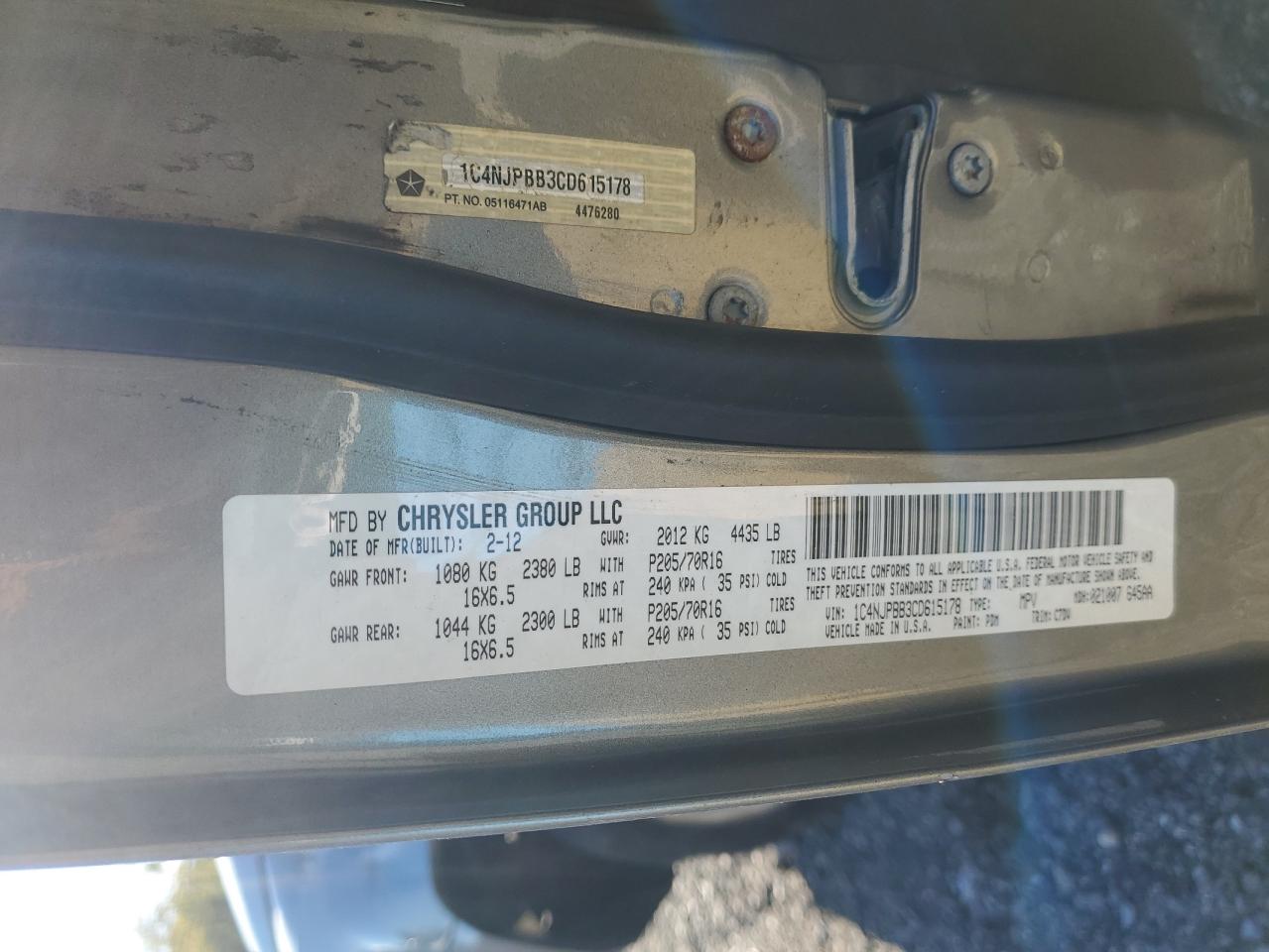 2012 Jeep Patriot Sport VIN: 1C4NJPBB3CD615178 Lot: 82326825