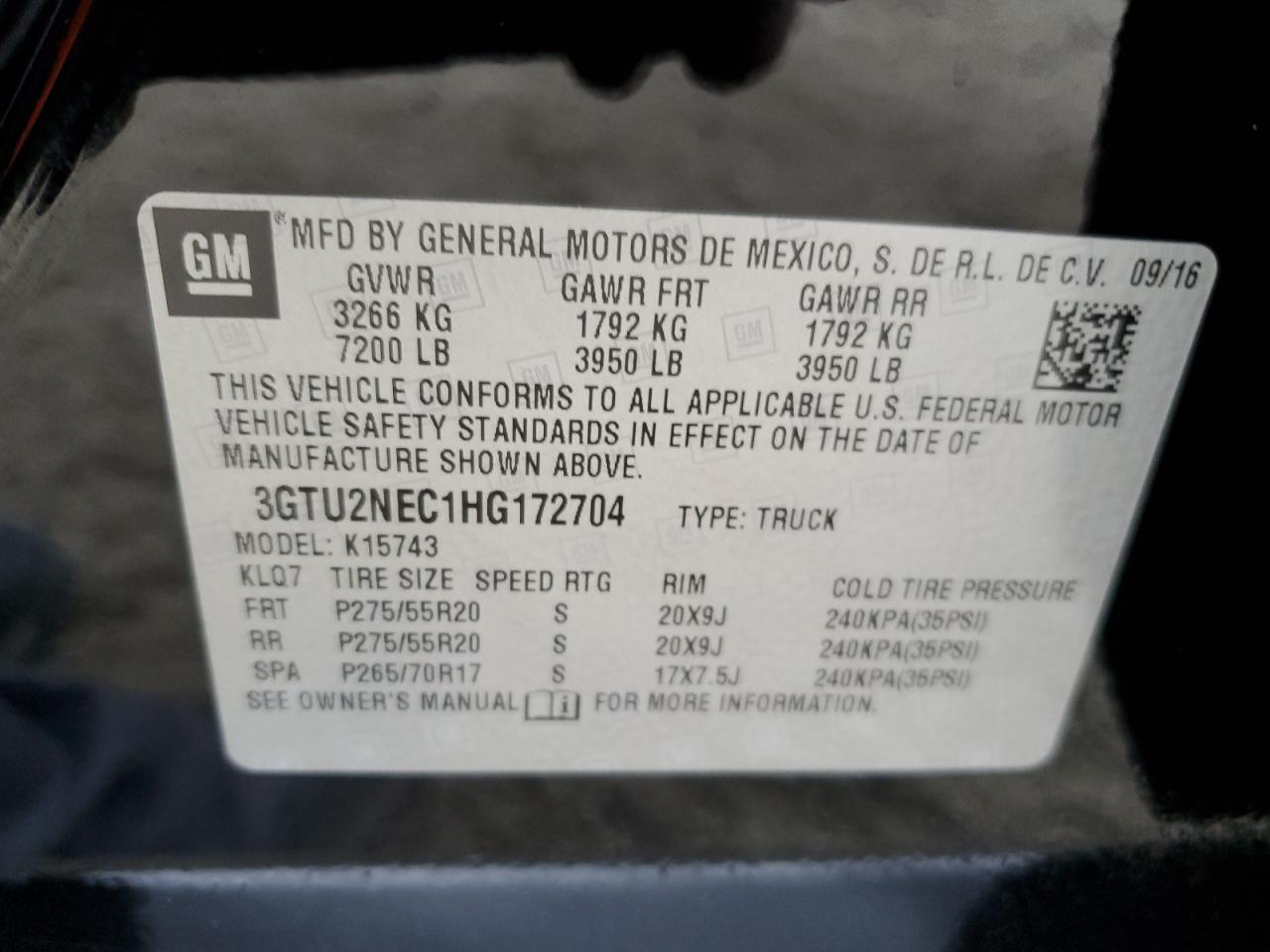 2017 GMC Sierra K1500 Slt VIN: 3GTU2NEC1HG172704 Lot: 85482865