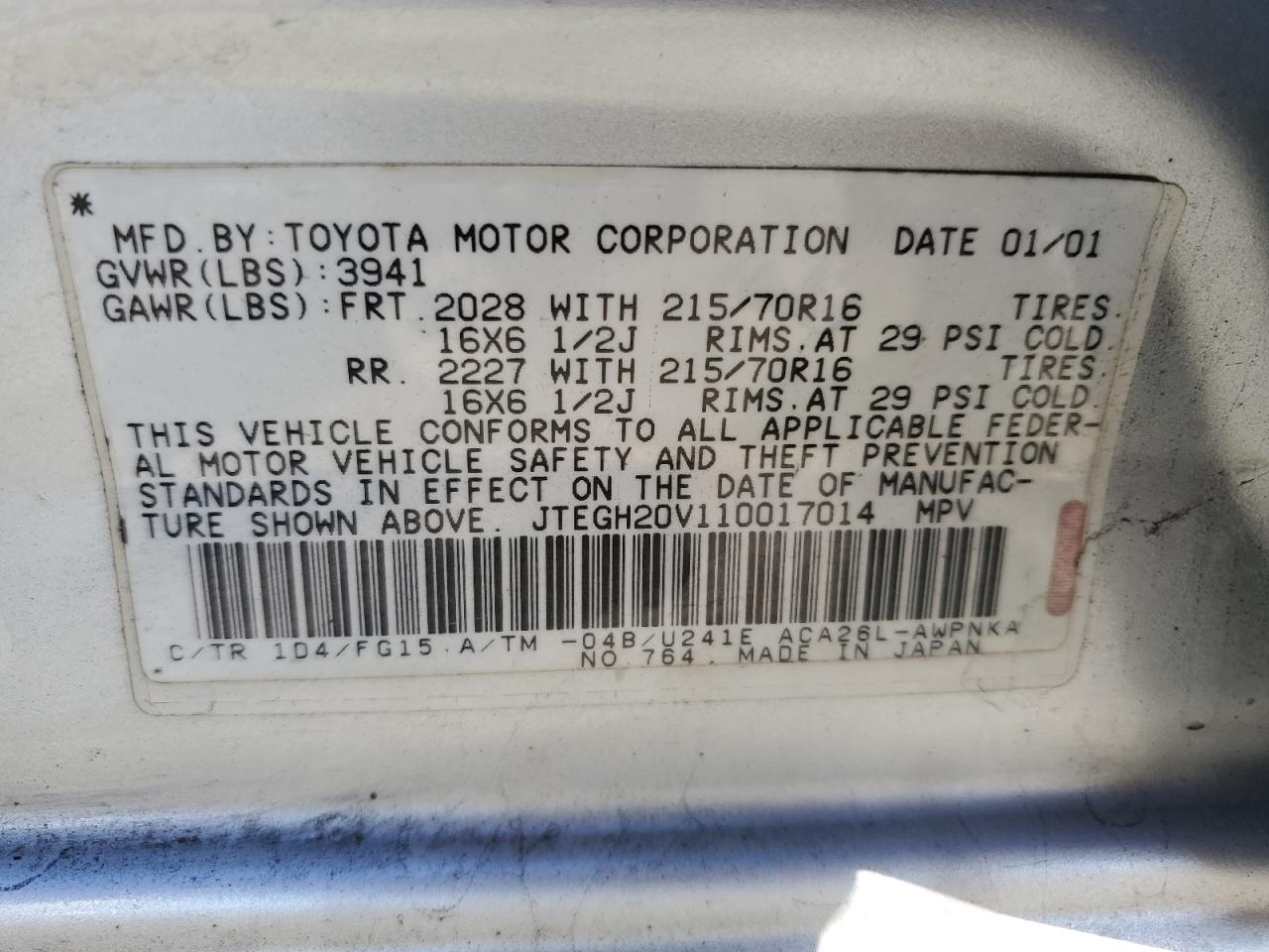 2001 Toyota Rav4 VIN: JTEGH20V110017014 Lot: 86149565