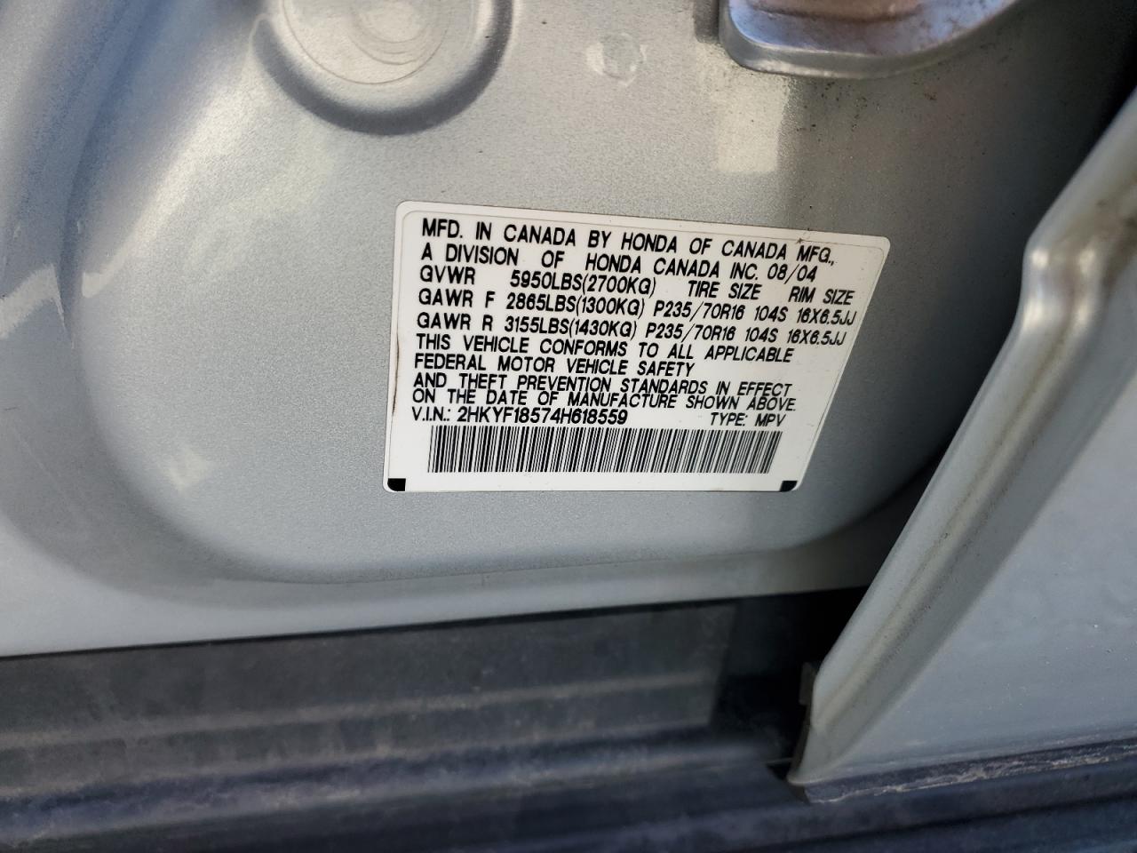 2004 Honda Pilot Exl VIN: 2HKYF18574H618559 Lot: 85379225