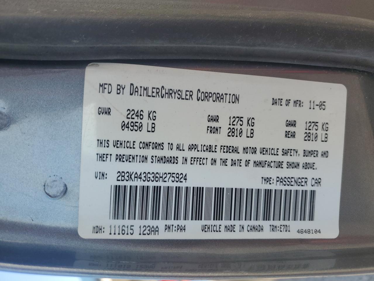 2006 Dodge Charger Se VIN: 2B3KA43G36H275924 Lot: 86893085