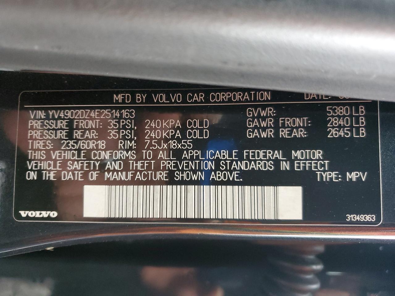 2014 Volvo Xc60 T6 VIN: YV4902DZ4E2514163 Lot: 85855665