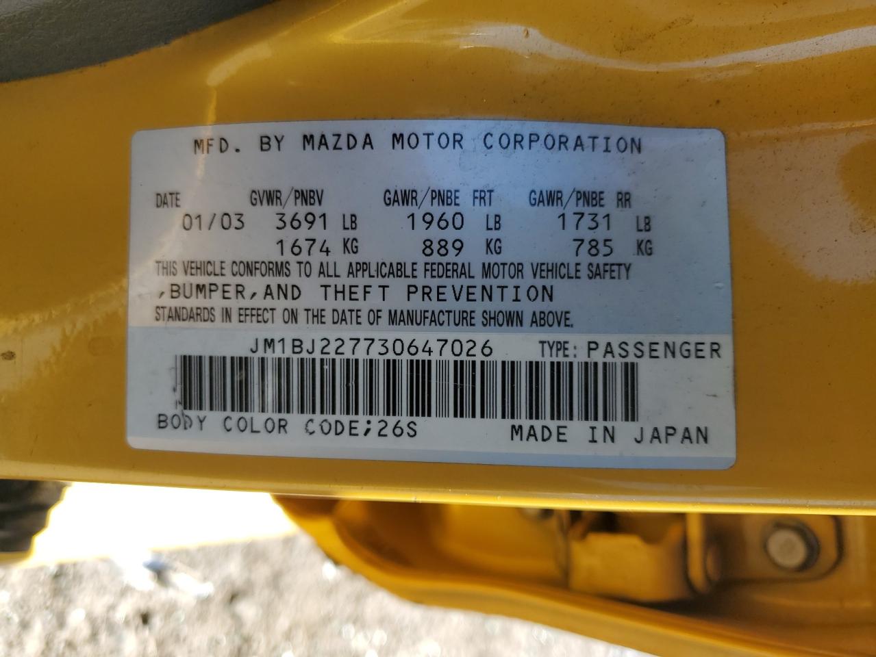 2003 Mazda Protege Speed VIN: JM1BJ227730647026 Lot: 90092105