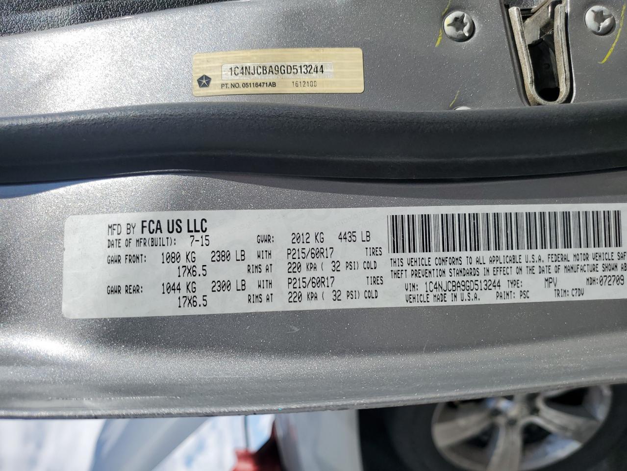 2016 Jeep Compass Sport VIN: 1C4NJCBA9GD513244 Lot: 89683715