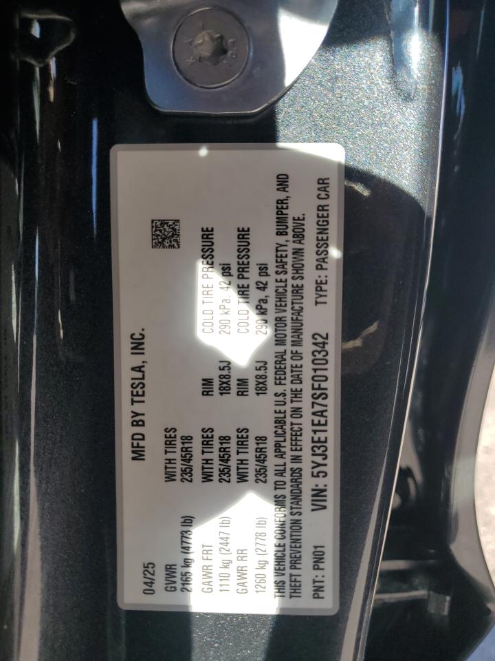 2025 Tesla Model 3 VIN: 5YJ3E1EA7SF010342 Lot: 90868325