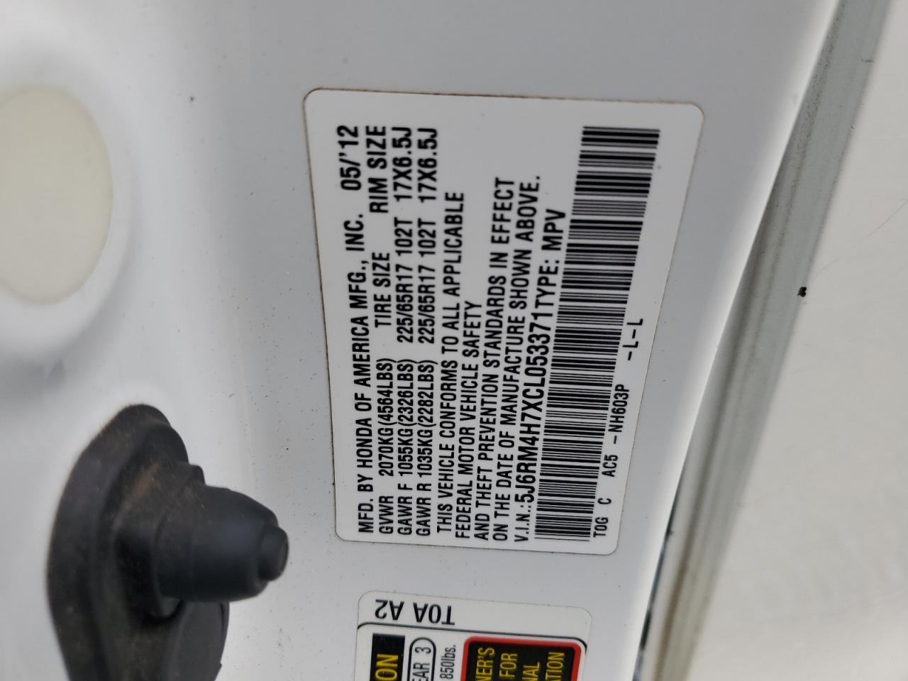 2012 Honda Cr-V Exl VIN: 5J6RM4H7XCL053371 Lot: 82206635