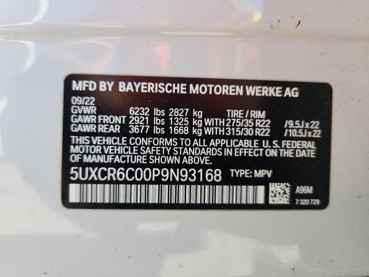 2023 BMW X5 xDrive40I VIN: 5UXCR6C00P9N93168 Lot: 85510675
