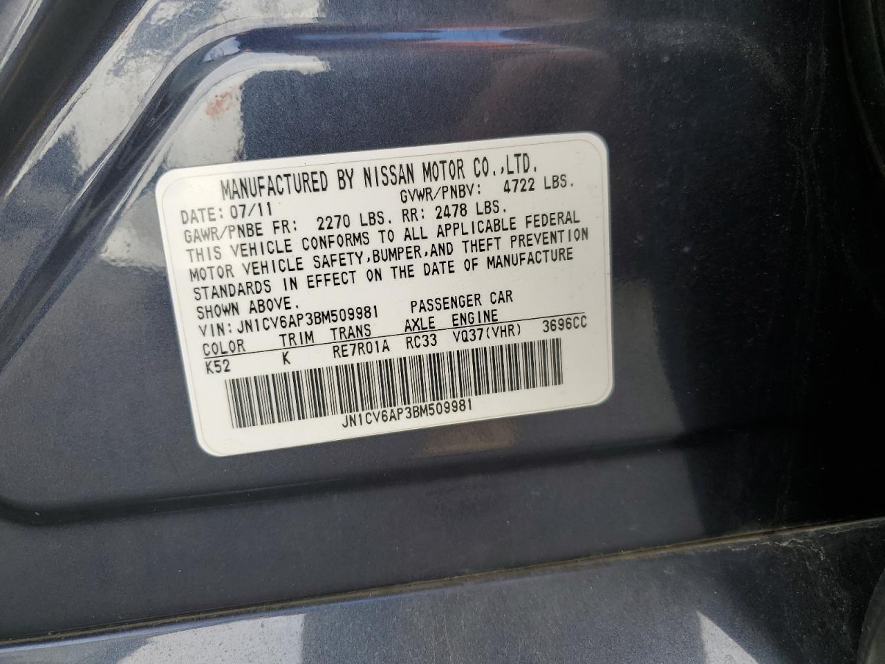 2011 Infiniti G37 Base VIN: JN1CV6AP3BM509981 Lot: 90407315