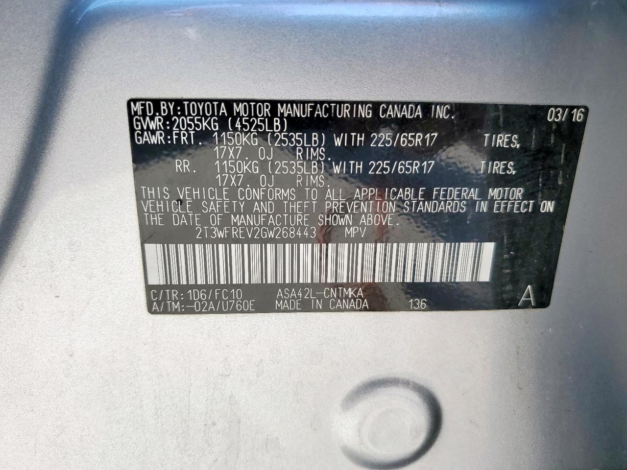 2016 Toyota Rav4 Xle VIN: 2T3WFREV2GW268443 Lot: 82418175