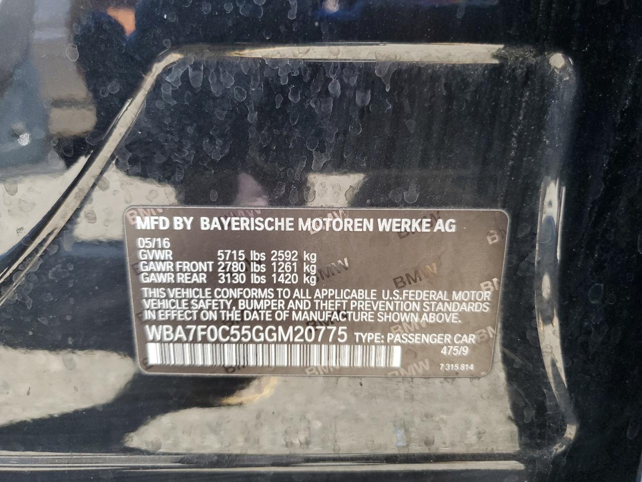 2016 BMW 750 I VIN: WBA7F0C55GGM20775 Lot: 89577255