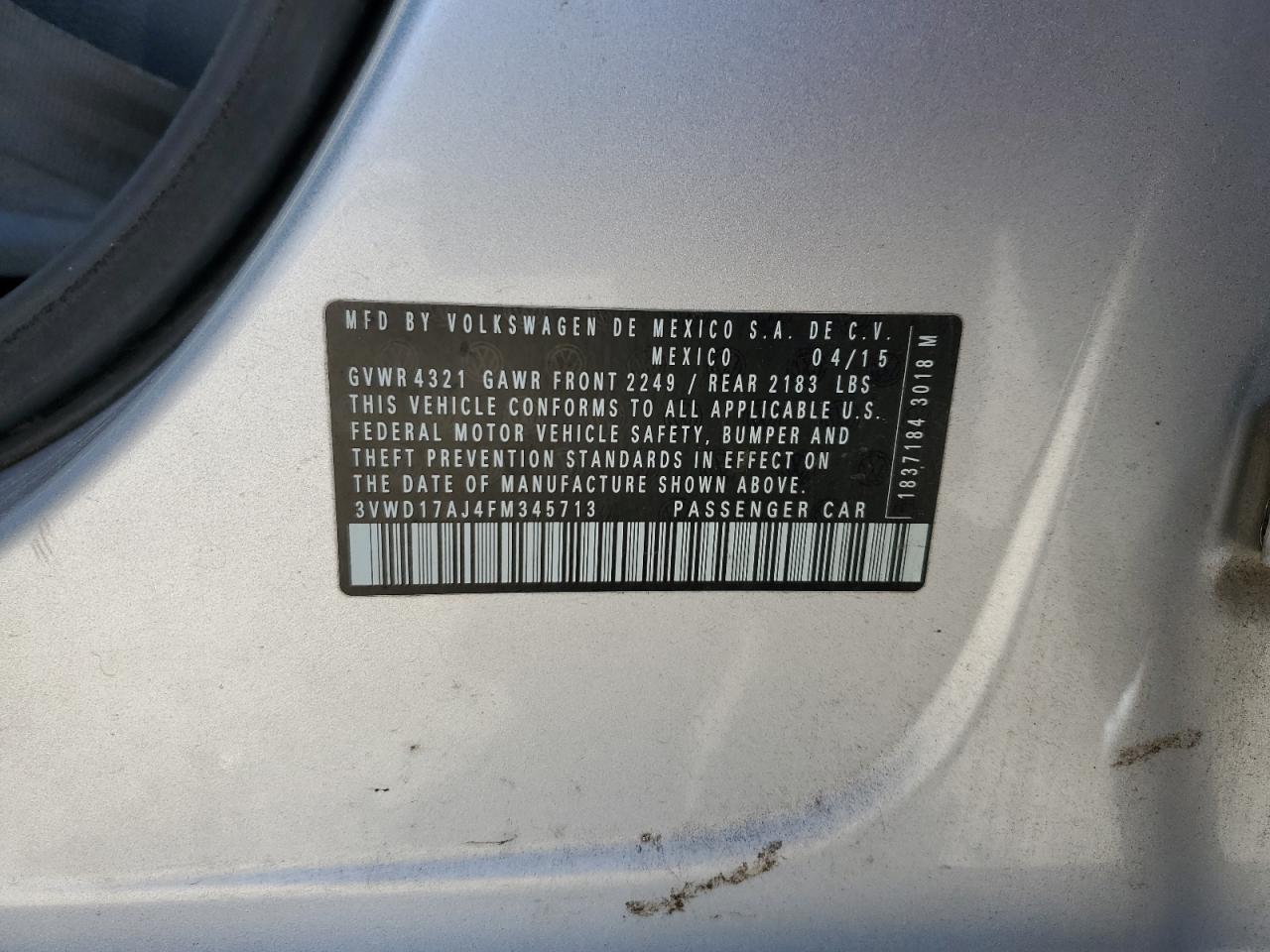 2015 Volkswagen Jetta Se VIN: 3VWD17AJ4FM345713 Lot: 84378045