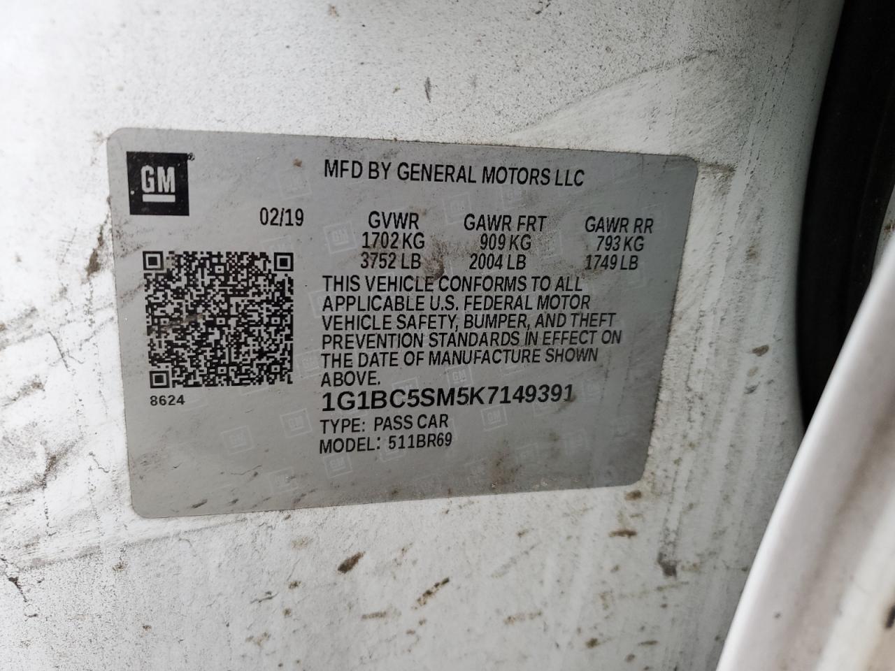 2019 Chevrolet Cruze Ls VIN: 1G1BC5SM5K7149391 Lot: 89729305