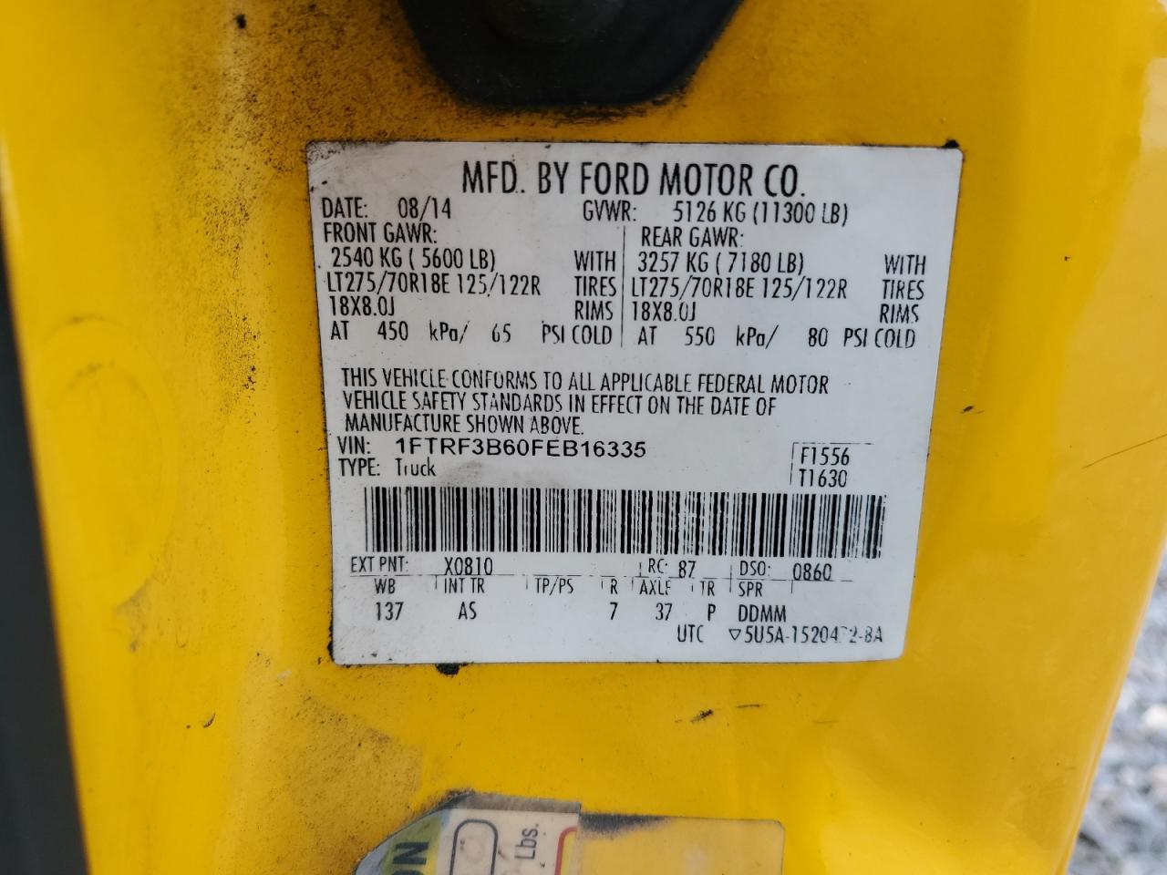 2015 Ford F350 Super Duty VIN: 1FTRF3B60FEB16335 Lot: 86511555