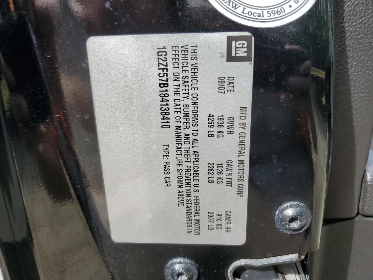 2008 Pontiac G6 Value Leader VIN: 1G2ZF57B184138410 Lot: 85147485