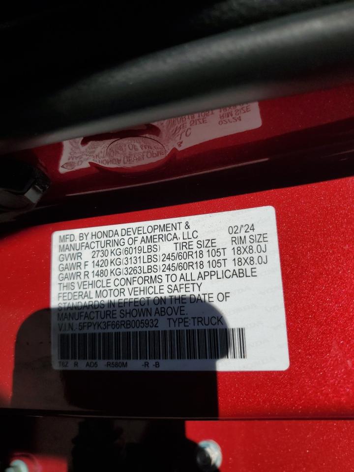2024 Honda Ridgeline Trail Sport VIN: 5FPYK3F66RB005932 Lot: 85400975