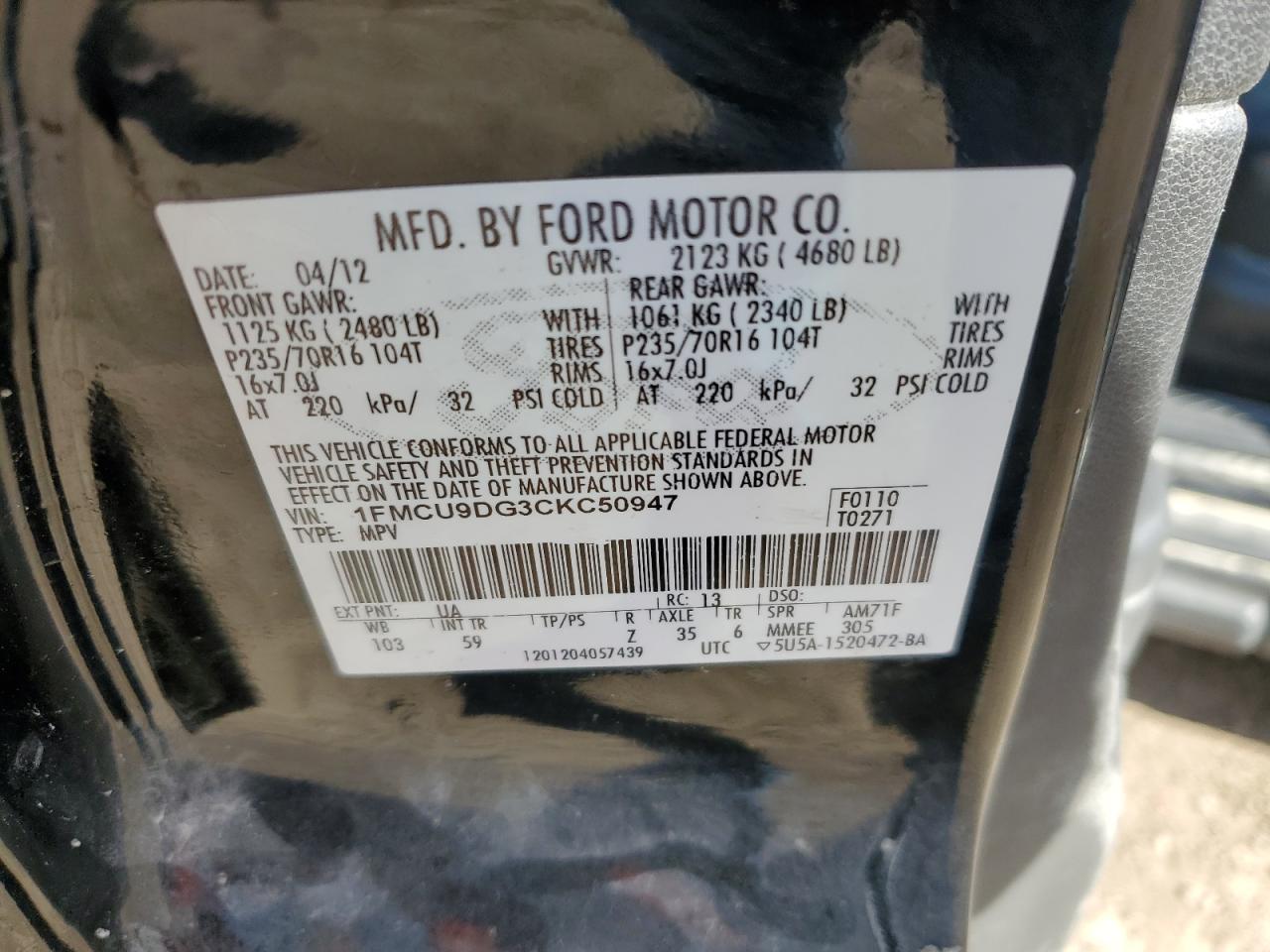 2012 Ford Escape Xlt VIN: 1FMCU9DG3CKC50947 Lot: 85820215