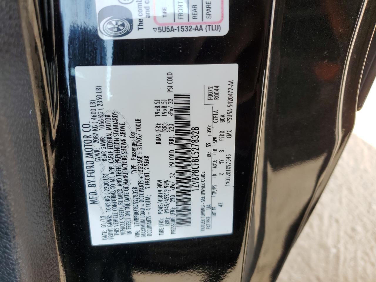 2012 Ford Mustang Gt VIN: 1ZVBP8CF8C5278328 Lot: 85583285