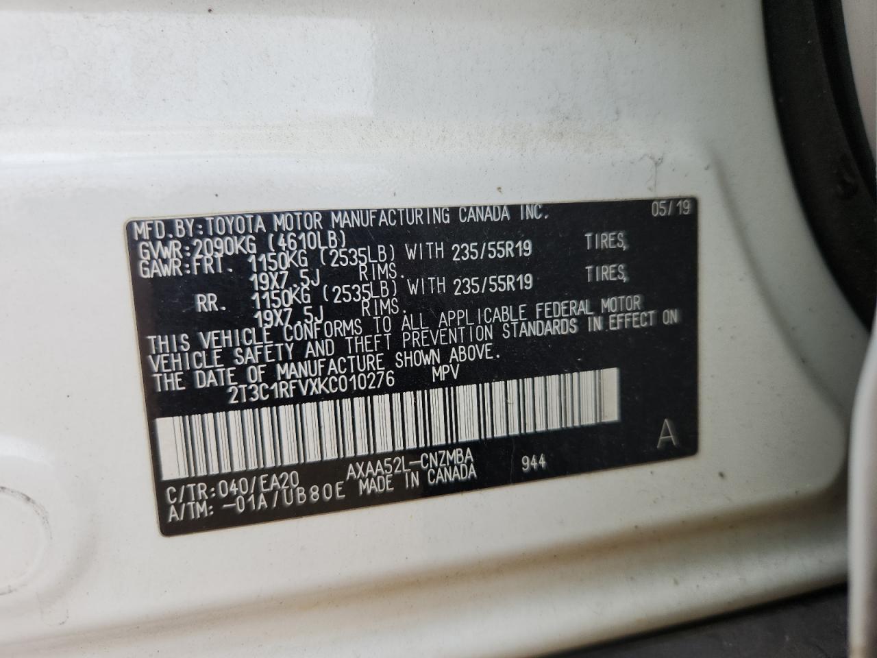 2019 Toyota Rav4 Xle Premium VIN: 2T3C1RFVXKC010276 Lot: 85512315