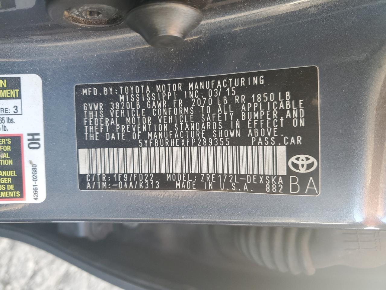 2015 Toyota Corolla L VIN: 5YFBURHEXFP289355 Lot: 85300165