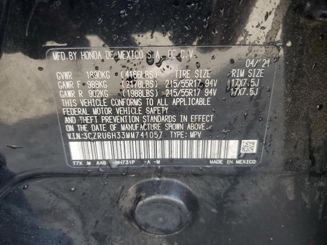 2021 Honda Hr-V Lx VIN: 3CZRU6H33MM741057 Lot: 89908555