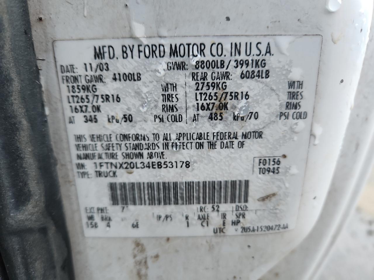 2004 Ford F250 Super Duty VIN: 1FTNX20L34EB53178 Lot: 86484225