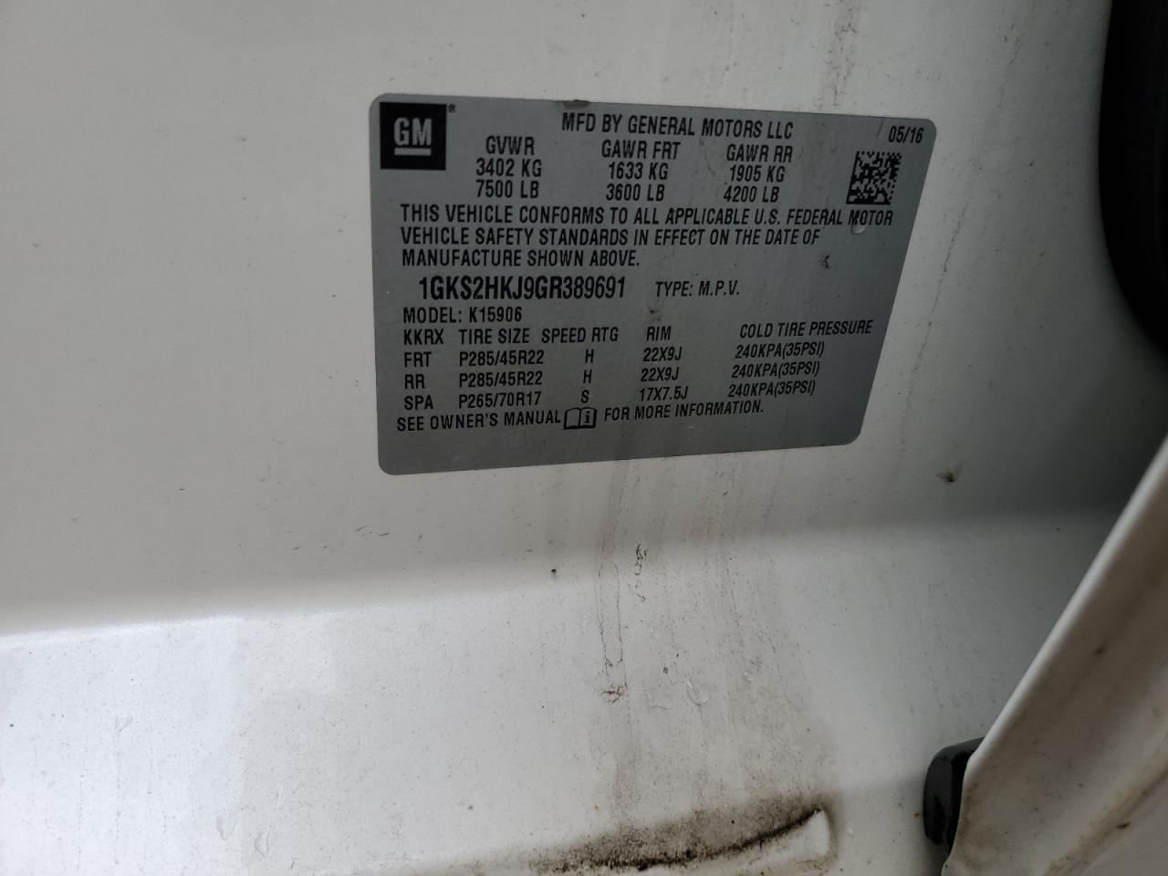 2016 GMC Yukon Xl Denali VIN: 1GKS2HKJ9GR389691 Lot: 84959555