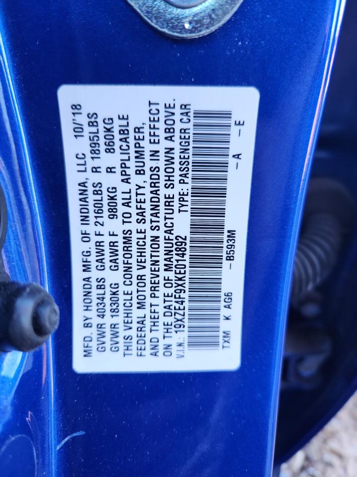 2019 Honda Insight Touring VIN: 19XZE4F9XKE014892 Lot: 82659285